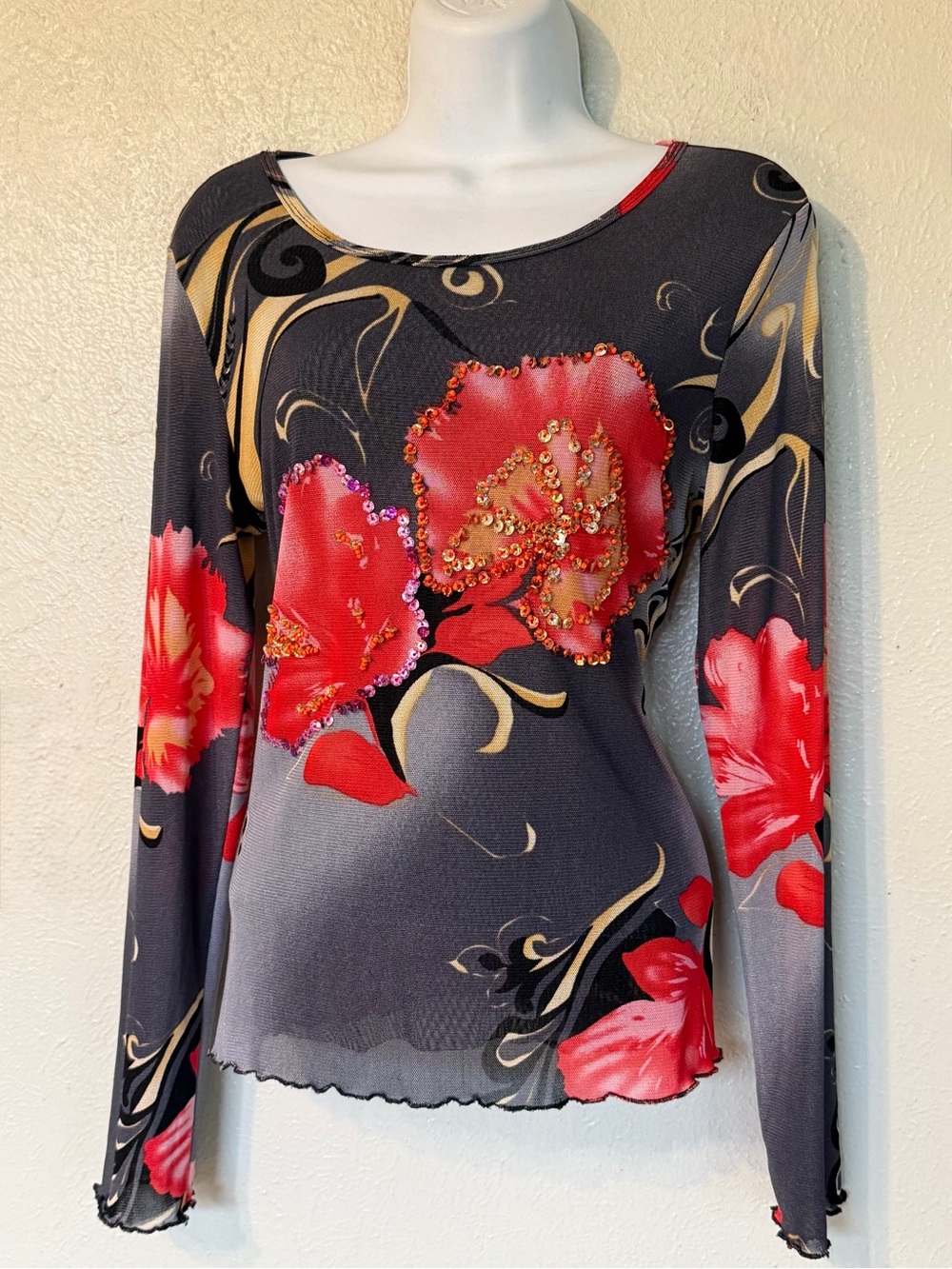 Vintage Y2K Euro Mesh AZI Jeans Grail Floral Abstract Print Long-Sleeve Top Sz L